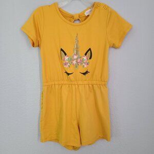 🏷 3/$15 or 5/$20 Btween girls Yellow Unicorn Romper with Floral Crown - Size 5